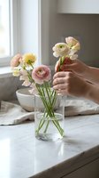 Woman arranging fresh pink ranunculus flowers in glass vase on marble kitchen counter. Hands placing delicate spring blooms for home decoration and interior styling.