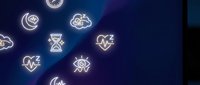 Neon glowing astrology and zodiac symbols floating on dark blue background, horoscope signs in glowing lines for mystical and spiritual design projects.