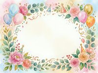 Watercolor floral frame with balloons, roses, and greenery on isolated white background. Perfect for invitations, greeting cards, and design projects.