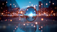 Futuristic glowing portal with digital particles and light effects reflecting on wet surface against blurred city background at night. Sci-fi concept for technology.