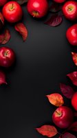 Fresh red apples and autumn leaves creating frame border on black background with copy space for seasonal food or harvest concept designs.