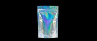 Holographic stand-up pouch with iridescent rainbow foil finish, isolated on transparent background. Great for packaging mockups, stickers, t-shirt design, and print on demand.