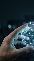 Human hand touching glowing digital network sphere with connected nodes and light effects on dark background for technology and innovation concepts.