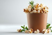 Fresh popcorn in brown paper cup decorated with rosemary and green leaves on white background, minimalist snack composition for cinema or party.