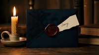 Dark navy envelope with red wax seal and sorry note by candlelight on wooden table, evoking mystery and heartfelt apology.