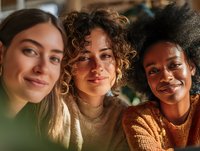Diverse group of young women with different hair textures smiling together, representing friendship, inclusivity, and natural beauty in warm lighting.