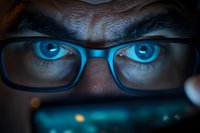 Close-up view of intense blue eyes behind glasses looking at glowing screen in dark, dramatic lighting creates mysterious atmosphere for technology and cybersecurity concepts.