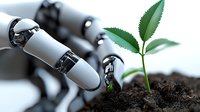Robotic hand reaching for young green plant sprouting from soil, symbolizing artificial intelligence in sustainable agriculture and environmental technology.
