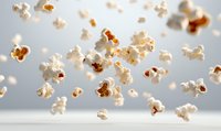Flying popcorn kernels scattered in mid-air against light background, dynamic motion capture of white fluffy popped corn with golden centers floating weightlessly.