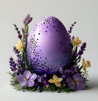 Large purple speckled Easter egg decorated with spring flowers including lavender sprigs, yellow daffodils and purple pansies arranged on natural green foliage base.