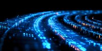 Glowing blue curved lines of digital data visualization against dark background create futuristic technology concept for business and innovation designs.