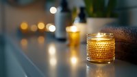 Warm golden candles create cozy ambient lighting on modern table surface with soft bokeh background for relaxation and home decor atmosphere.