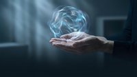 Hand holding glowing blue digital sphere with swirling energy waves, representing innovation, technology, and future business solutions for corporate presentations.