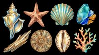 Watercolor sea life clipart set with shells, starfish, coral, ammonite, and driftwood, isolated on transparent background. For stickers, sublimation, and print on demand.