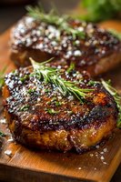 Juicy grilled beef steaks with rosemary and sea salt on wooden cutting board, perfect for gourmet food menu or cooking blog.