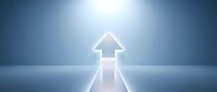 Glowing upward arrow emerging from illuminated tunnel symbolizing growth, progress, and success in business strategy and career advancement.