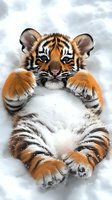 Adorable tiger cub lying on back in snow, showing orange and white striped fur pattern, bright blue eyes and playful expression, paws extended forward.