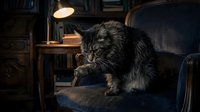 Fluffy gray tabby cat sitting on dark blue armchair in cozy living room with warm lamp lighting and wooden furniture creating comfortable home atmosphere.