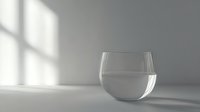 Clear glass of water on white surface with dramatic window light and shadow creating minimalist composition, soft natural lighting enhances transparent reflections.