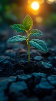 Young green plant seedling growing from soil at sunset, with golden sun bokeh and dark moody background. Fresh leaves backlit showing detailed veins and texture.