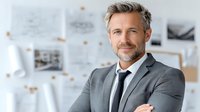 Confident mature businessman with gray hair and beard in suit standing with crossed arms in modern office workspace for corporate presentations.