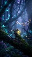 Glowing firefly on mossy log in enchanted forest with magical lights and sparkles creating mystical atmosphere for fantasy storytelling and nature concepts.