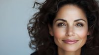 Smiling Mediterranean woman with curly dark hair and natural makeup against light background, closeup portrait showing genuine happiness and confidence.