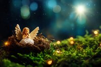 Magical fairy figurine resting in mossy nest surrounded by glowing lights and bokeh effects against dark turquoise background, creating ethereal atmosphere.