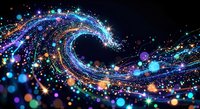 Dynamic swirling energy wave with colorful particles and light effects on dark background for digital art projects and futuristic designs.