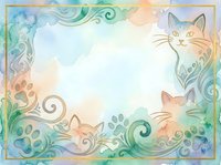 Watercolor cat frame with ornate swirls and paw prints in pastel colors, isolated on white background for pet-themed designs and scrapbooking projects.
