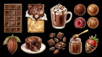 Chocolate bar, chocolate pieces, cocoa pod, chocolate truffles, chocolate cake, chocolate spread, chocolate drink, strawberry dipped in chocolate, and cocoa beans isolated on transparent background. Ready for t-shirt designs, clipart, stickers, print-on-demand products, and sublimation projects.
