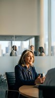 Professional mature businesswoman in navy suit sitting at conference table during corporate meeting in modern glass office with city skyline view.