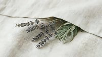 Fresh lavender sprigs with purple flowers and green leaves arranged on natural linen fabric for aromatherapy spa wellness and herbal medicine concepts.