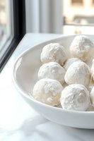 White powdered sugar snowball cookies in ceramic bowl near window with natural lighting, creating soft shadows and highlighting delicate texture.