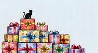 Silhouette of black cat sitting on top of stacked colorful gift boxes with ribbons and bows against white background, isolated clipart for holiday designs.