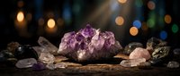 Purple amethyst crystal cluster surrounded by healing stones and crystals on wooden surface with warm bokeh lights creating spiritual atmosphere.