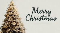 Elegantly decorated Christmas tree with warm glowing lights and snow-dusted branches beside festive holiday greeting on neutral background.