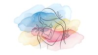 Young woman line art portrait with watercolor rainbow background for wellness and mental health concepts.