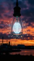 Glowing neon brain filament inside vintage lightbulb against dramatic sunset sky with floating tech icons, symbolizing innovation, creativity, and intelligent ideas for business and technology concepts.