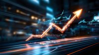 Glowing orange arrow chart showing upward market trend against dark blue digital background with financial data and light streaks. Dynamic business concept.