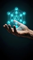 Human hand holding glowing cyan geometric network structure with connected nodes and lines representing digital technology, artificial intelligence and data connectivity.