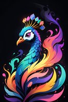Vibrant fantasy peacock illustration with iridescent blue scales and rainbow-colored plumage on black background. Perfect for magical children's book art, fantasy game design or mystical wall decor.