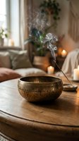 Brass singing bowl with incense smoke rising in cozy living room with candles and plants creating peaceful meditation atmosphere for wellness and relaxation.
