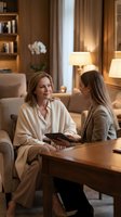 Two women having friendly conversation in cozy living room with warm lighting and modern furniture for lifestyle and relationship concepts.