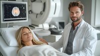 Medical professional in white coat examining patient in modern hospital room with brain scan displayed on monitor. Healthcare diagnostic procedure.