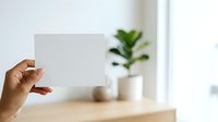 Woman with medium skin tone holding blank white card in modern office workspace with potted plant, suitable for business messaging, branding, and corporate communication projects.
