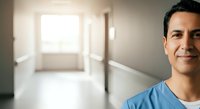 Middle-aged male of Latin American descent wearing blue casual shirt, smiling at camera in modern bright hallway with natural light from window.