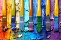 Vibrant paintbrushes with colorful oil paint smears arranged in rainbow spectrum, showing texture and artistic detail against light background. Creative arts concept.