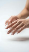 Woman hands with natural manicure and nude nail polish on white background. Clean skincare and beauty concept for cosmetics advertising.