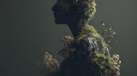 Silhouette profile with moss, plants, and flowers growing from within, symbolizing connection between humanity and nature against dark background.